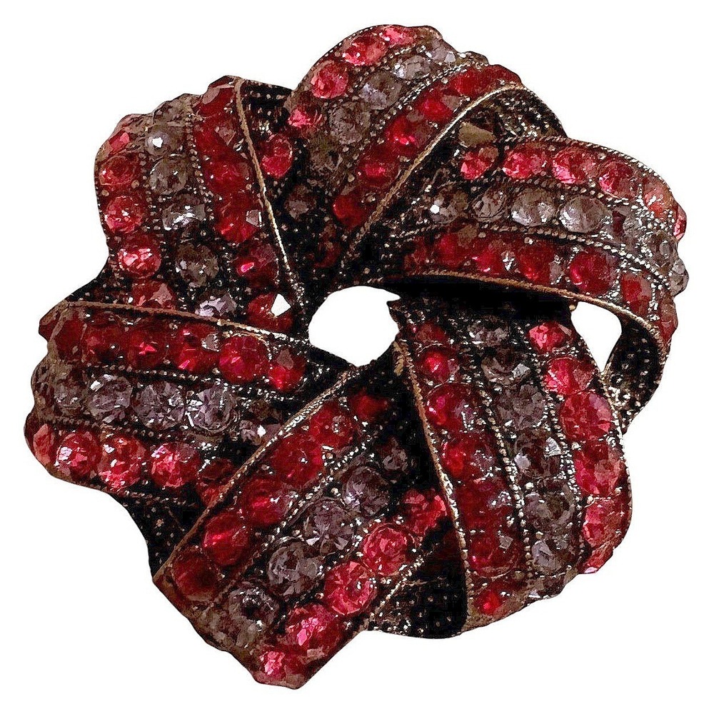 Monet Vintage Gold Tone Red and Grey‎ Rhinestone Ribbon Knot Wreath Brooch Pin